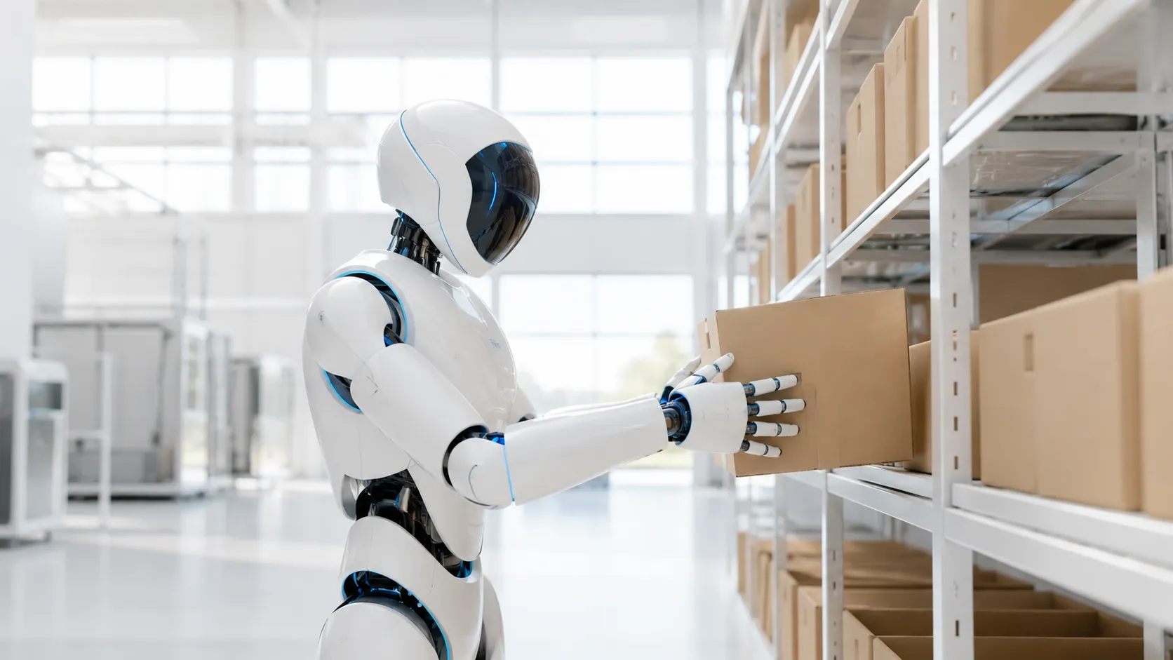 Humanoid robot pakt een tote uit een magazijnstelling