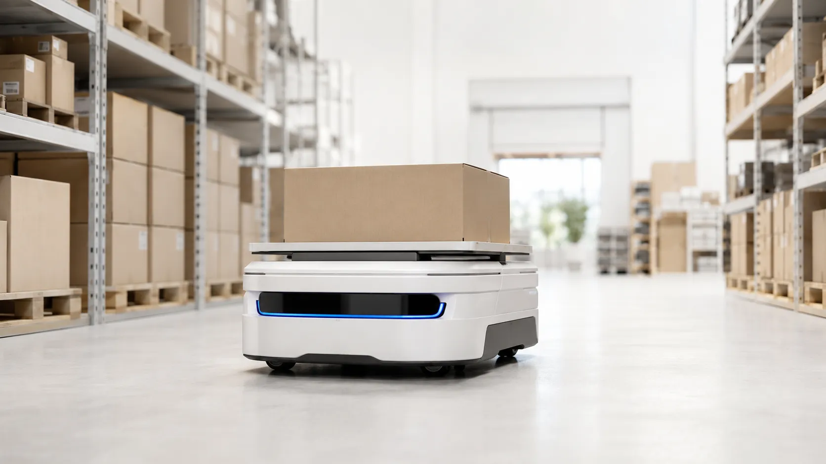 Autonome mobiele robot rijdt door een gangpad in een magazijn