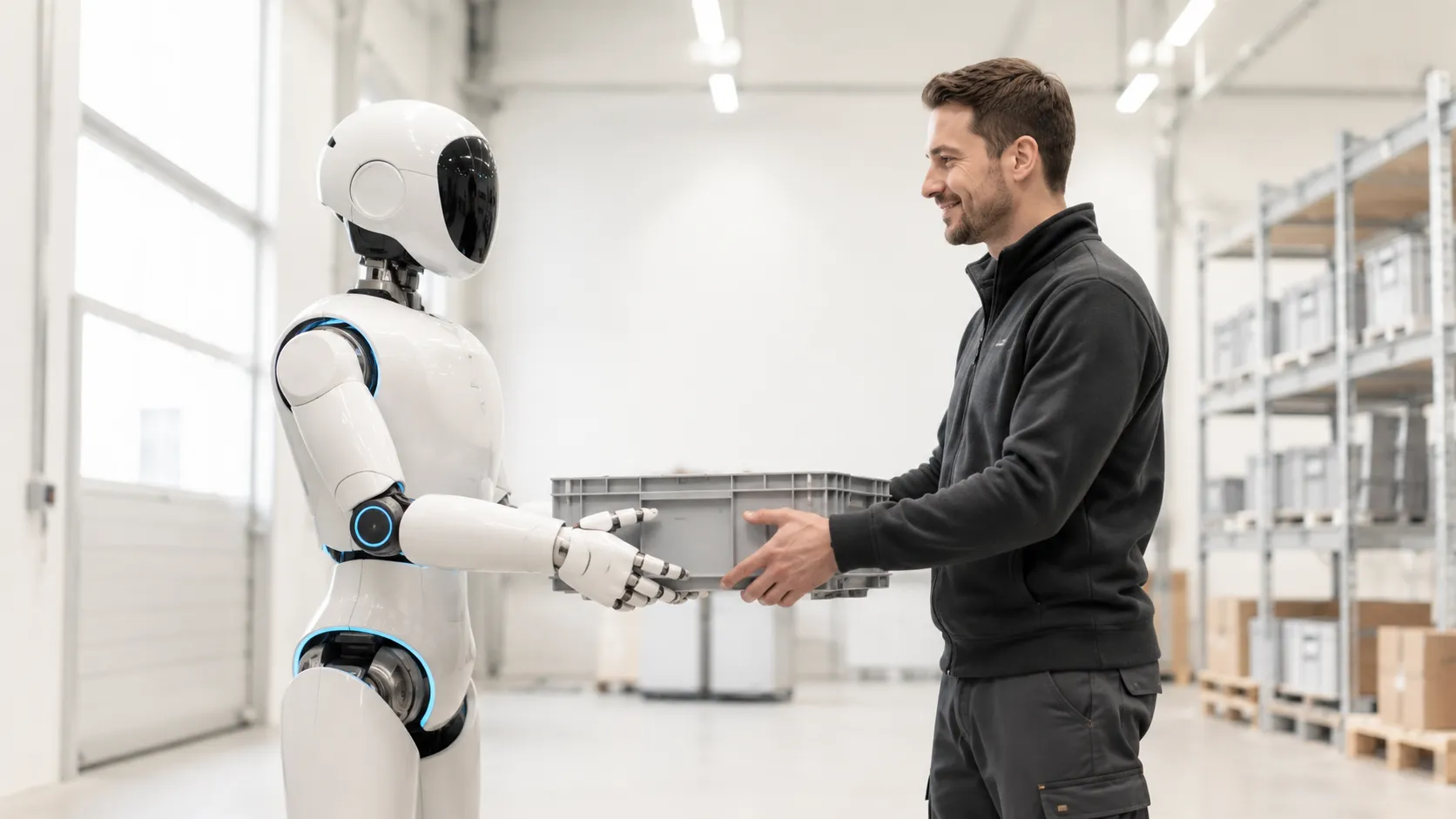 Medewerker en humanoid robot werken naast elkaar op een werkvloer